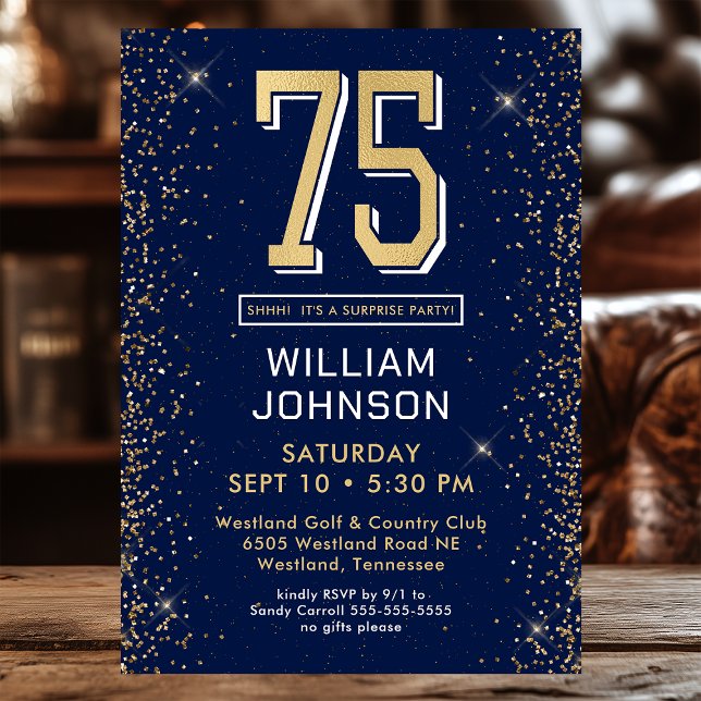 Modern Navy Blue 75th Birthday Surprise Party Invitation (Creator Uploaded)