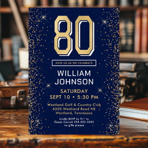 Modern Navy Blue 80th Birthday  Invitation