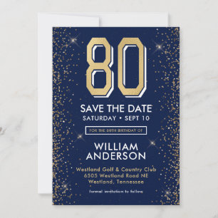 Modern Navy Blue 80th Birthday Save The Date