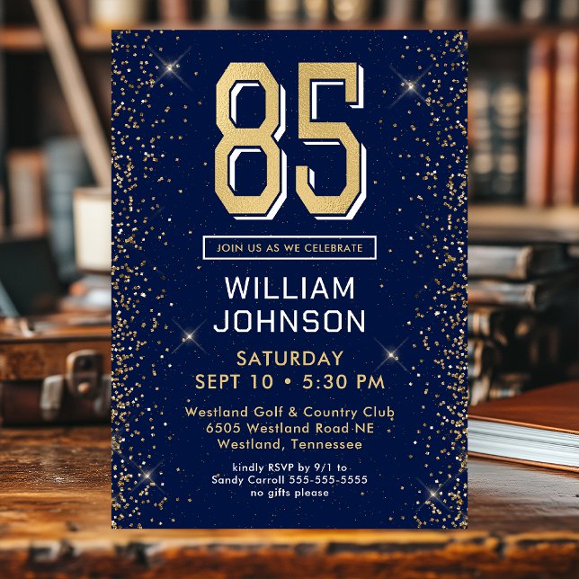 Modern Navy Blue 85th Birthday Photo Invitation (Creator Uploaded)