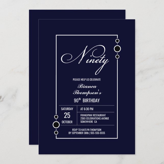 Modern Navy Blue 90th Birthday Party Invitation (Front/Back)