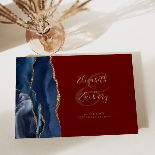 Modern Navy Blue Agate Gold Script Burgundy Guest Book