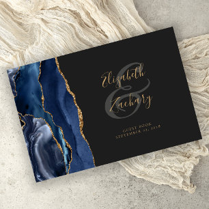 Modern Navy Blue Agate Gold Script Dark Guest Book
