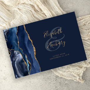 Modern Navy Blue Agate Gold Script Guest Book