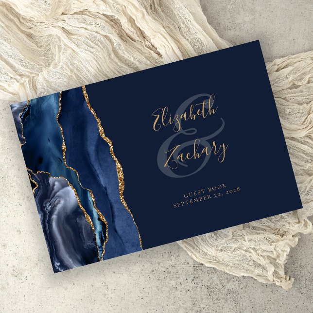 Modern Navy Blue Agate Gold Script Guest Book (Creator Uploaded)