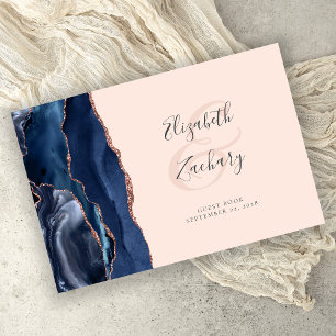 Modern Navy Blue Agate Rose Gold Script Blush Pink Guest Book