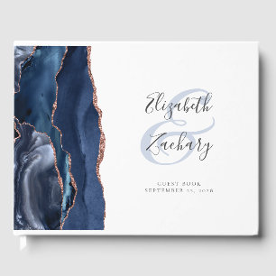 Modern Navy Blue Agate Rose Gold Script Guest Book