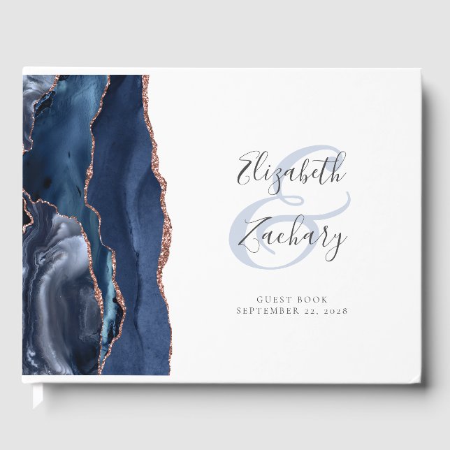 Modern Navy Blue Agate Rose Gold Script Guest Book (Front)