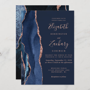 Modern Navy Blue Agate Rose Gold Wedding Invitation
