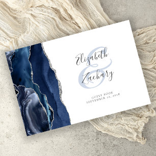 Modern Navy Blue Agate Silver Script Guest Book