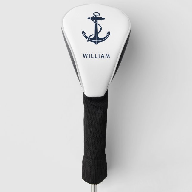 Modern Navy Blue Anchor Nautical Personalized Golf Head Cover (Front)