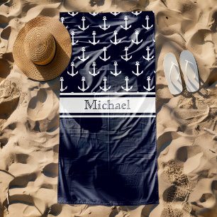 Modern Navy Blue Anchor Pattern Name Nautical Beach Towel