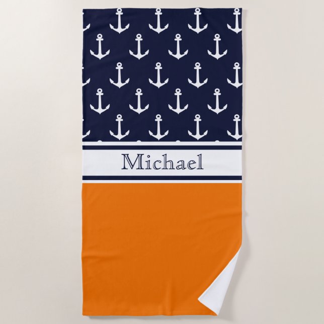 Modern Navy Blue Anchor Pattern Name Nautical Beach Towel (Front)