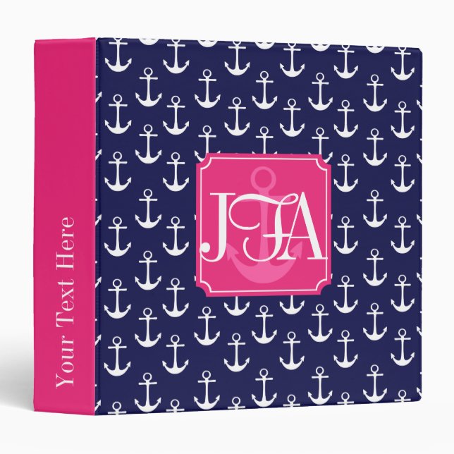 Modern Navy Blue Anchors Pattern Personalized Binder (Front/Spine)