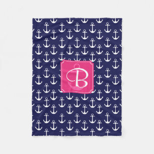 Modern Navy Blue Anchors Pattern Personalized Fleece Blanket