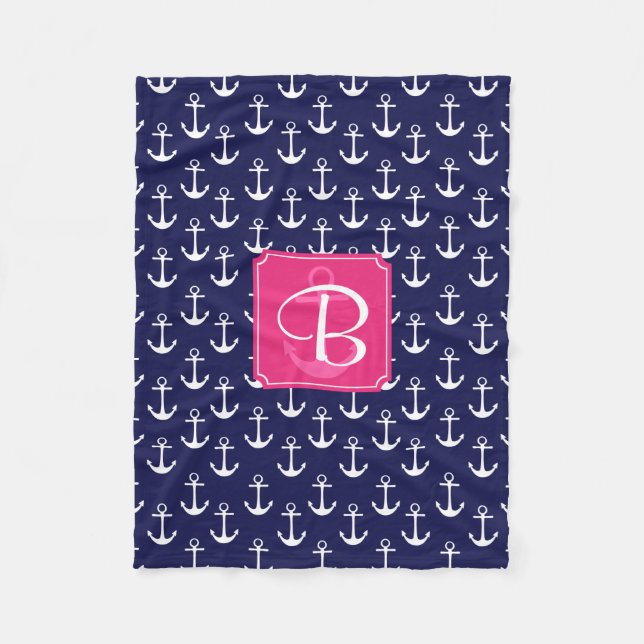 Modern Navy Blue Anchors Pattern Personalized Fleece Blanket (Front)