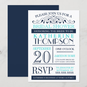 Modern Navy Blue and Aqua Bridal Shower Invitation