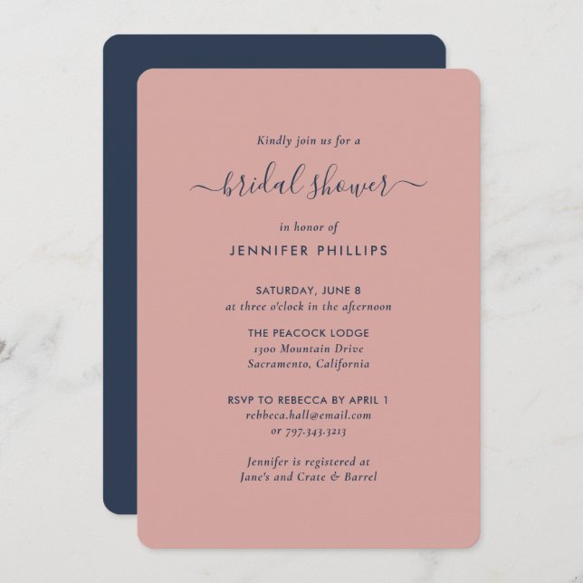 Modern Navy Blue and Blush Bridal Shower Invitation (Front/Back)