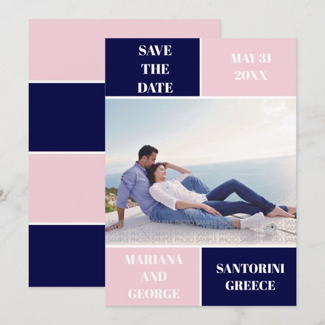 Modern navy blue and blush colour block wedding save the date (Front/Back)