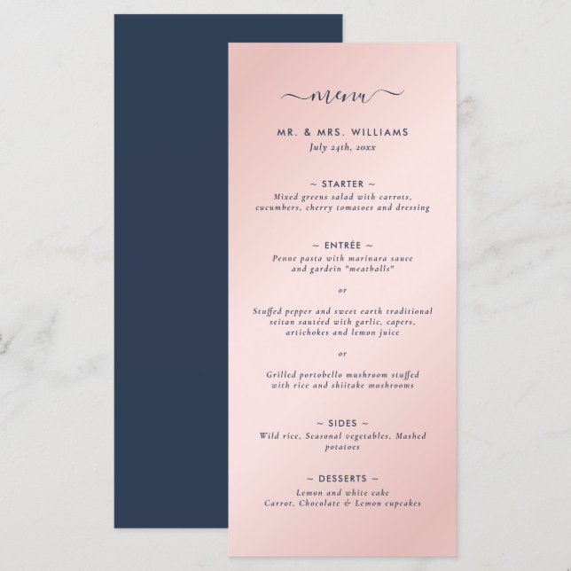 Modern Navy Blue and Blush Pink Wedding Menu (Front/Back)