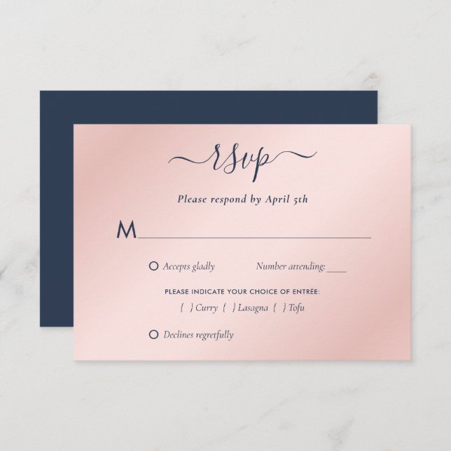 Modern Navy Blue and Blush Pink Wedding RSVP Card (Front/Back)