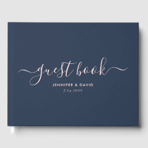 Modern Navy Blue and Blush Script Wedding Guest Book