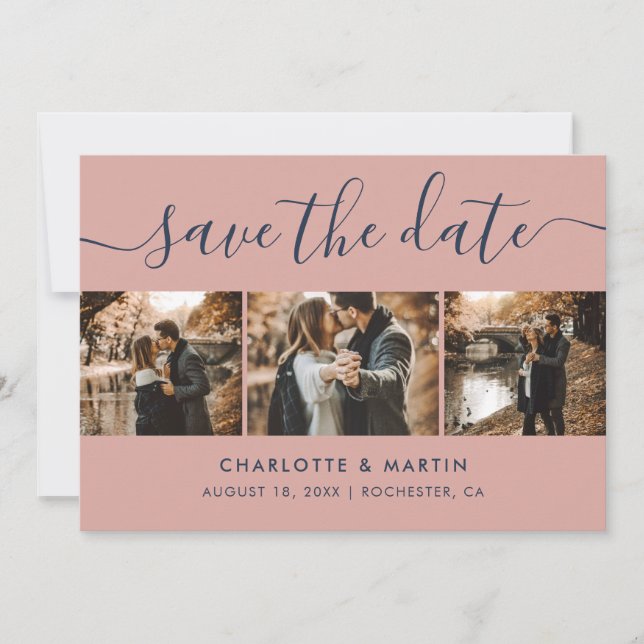 Modern Navy Blue and Blush Wedding Photo Save The Date (Front)