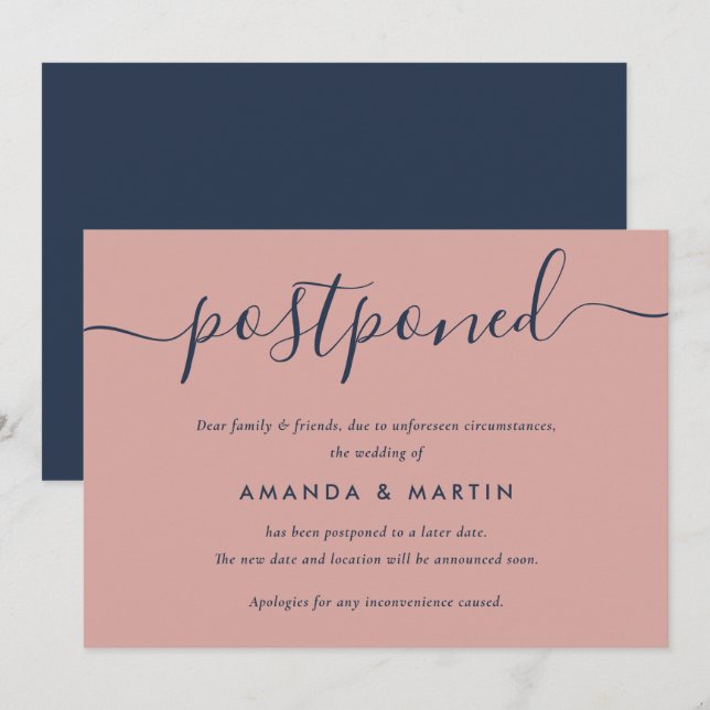 Modern Navy Blue and Blush Wedding Postponement Announcement (Front/Back)