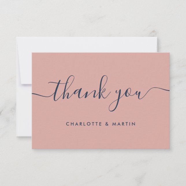 Modern Navy Blue and Blush Wedding Thank You Card (Front)