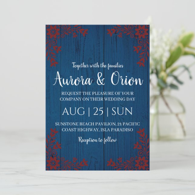 modern navy blue and burgundy wedding invitations (Standing Front)