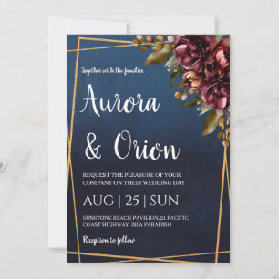 modern navy blue and burgundy wedding invitations