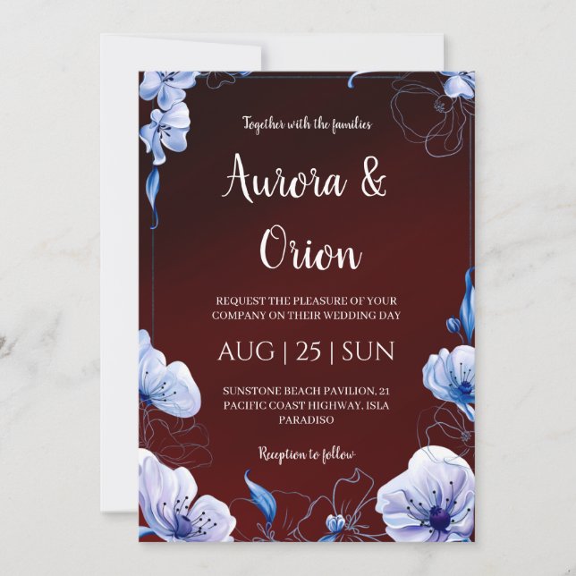 modern navy blue and burgundy wedding invitations (Devant)