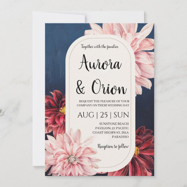 modern navy blue and burgundy wedding invitations (Devant)