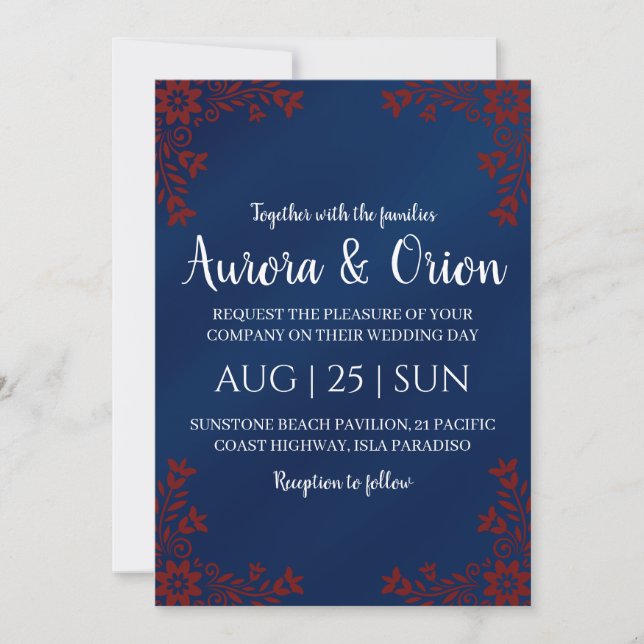 modern navy blue and burgundy wedding invitations (Devant)