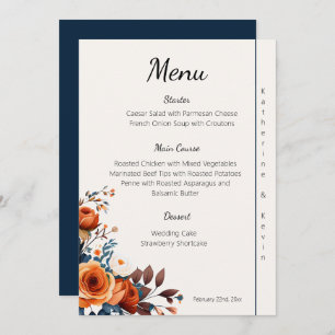 Modern Navy Blue and Burnt Orange Wedding Menu