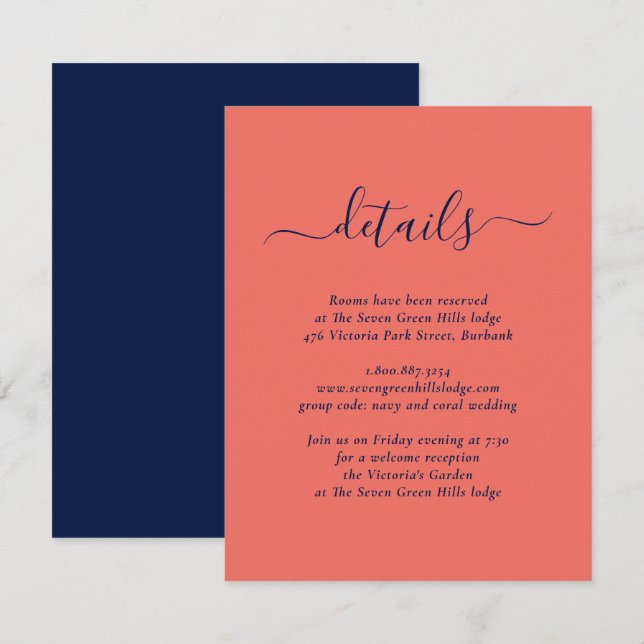 Modern Navy Blue and Coral Wedding Enclosure Card (Front/Back)