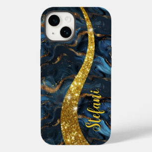 Modern Navy Blue and Gold Agate Monogram Case-Mate iPhone 14 Case