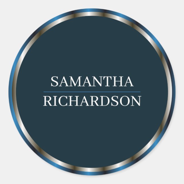Modern Navy Blue And Gold Border Name Classic Round Sticker (Front)