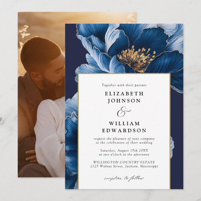 Modern Navy Blue And Gold Floral Photo Wedding Invitation (Front/Back)