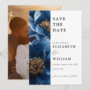 Modern Navy Blue And Gold Floral Photo Wedding Save The Date
