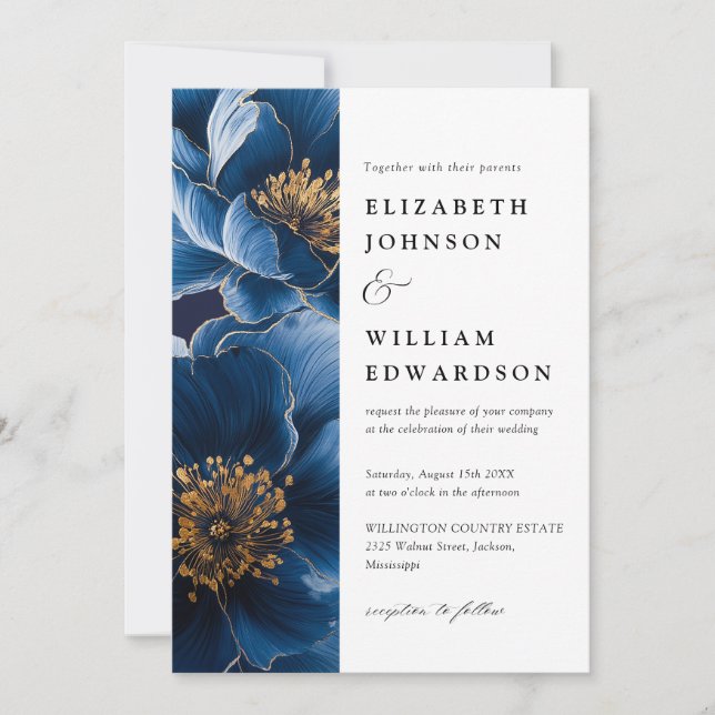 Modern Navy Blue And Gold Floral Wedding Invitation (Front)