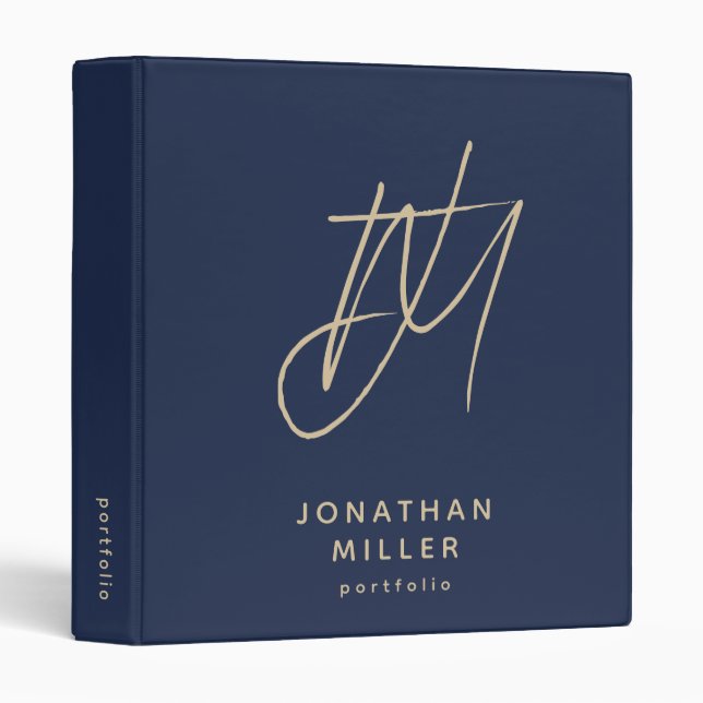 Modern Navy Blue and Gold Monogram Portfolio Binder (Front/Spine)