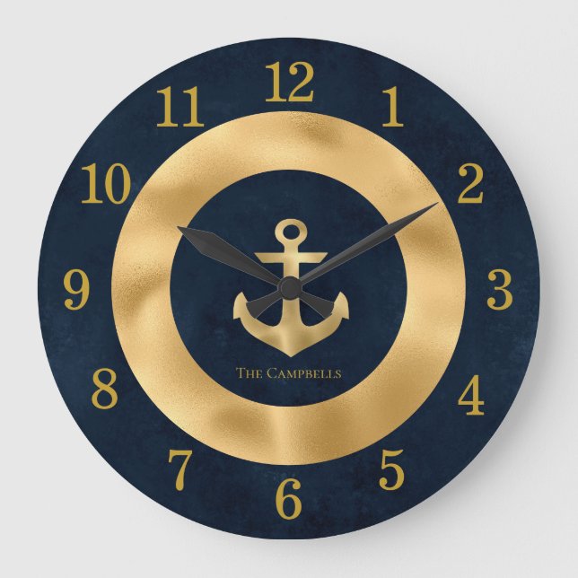 Modern Navy Blue and Gold Nautical Anchor Large Clock (Front)