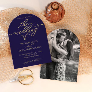 Modern Navy Blue and Gold Script Wedding Invitation