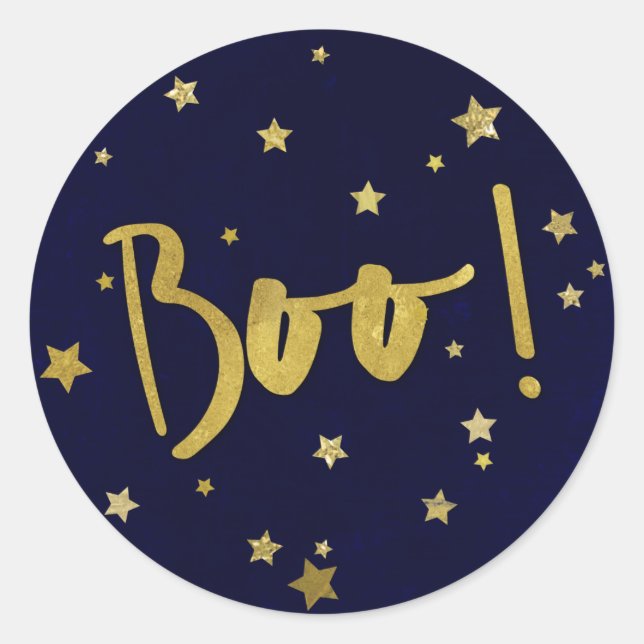 Modern Navy Blue and Gold Stars Halloween Boo! Classic Round Sticker (Front)