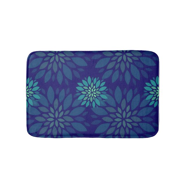 Modern Navy Blue and Green Floral Leaves Pattern Bath Mat (Front)