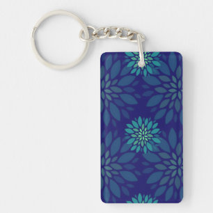 Modern Navy Blue and Green Floral Leaves Pattern Keychain