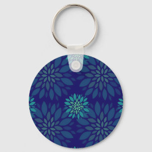 Modern Navy Blue and Green Floral Leaves Pattern Keychain