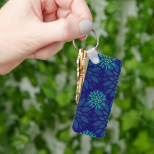 Modern Navy Blue and Green Floral Leaves Pattern Keychain