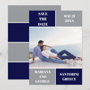 Modern navy blue and grey colour block wedding save the date